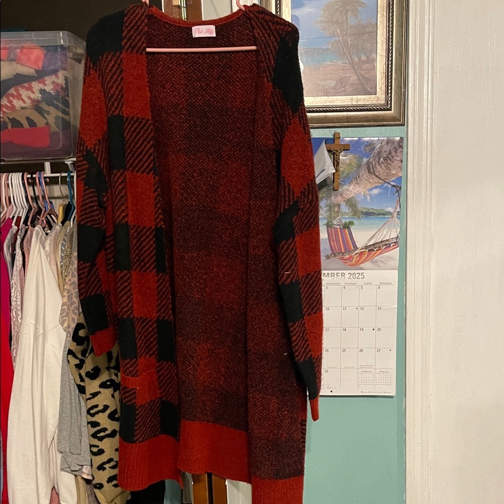 Pink Lily Red and Black Plaid Cardigan